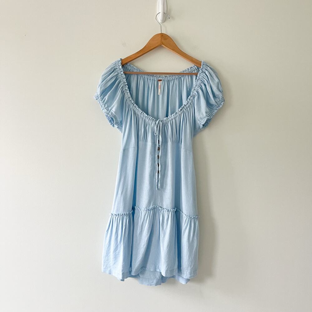 Free People Blue Perri Puff Sleeve Button Front Drop Waist Mini Dress Size Large - Picture 4 of 14